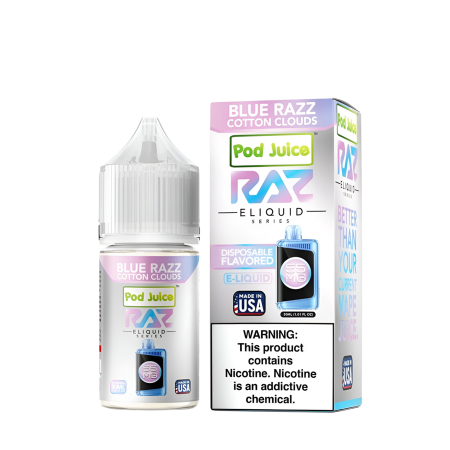 Pod Juice x Raz Salt Nicotine Vape Juice 20 Mg Blue Razz Cotton Clouds 