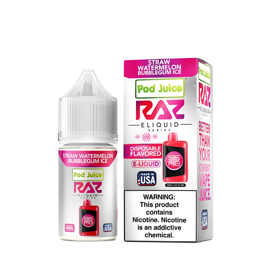 Pod Juice x Raz Salt Nicotine Vape Juice 20 Mg Straw Watermelon Bubblegum Ice 