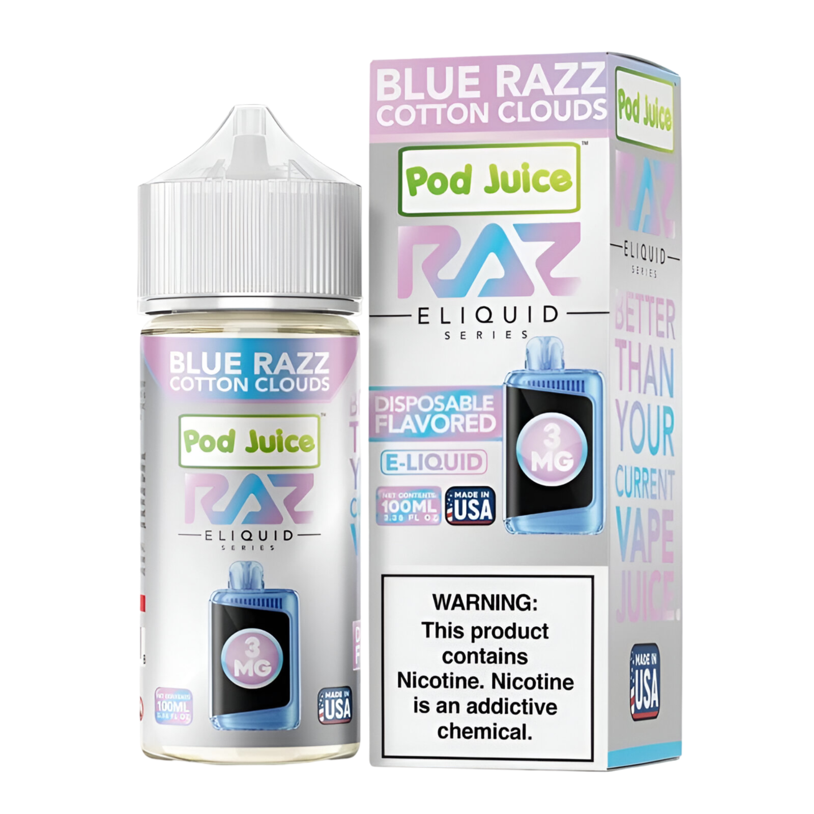 Pod Juice x RAZ Synthetic Vape Juice 0 Mg Blue Razz Cotton Clouds 