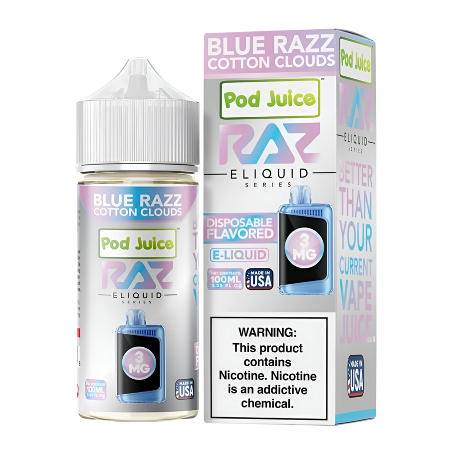 Pod Juice x RAZ Freebase Vape Juice 0 Mg Blue Razz Cotton Clouds 