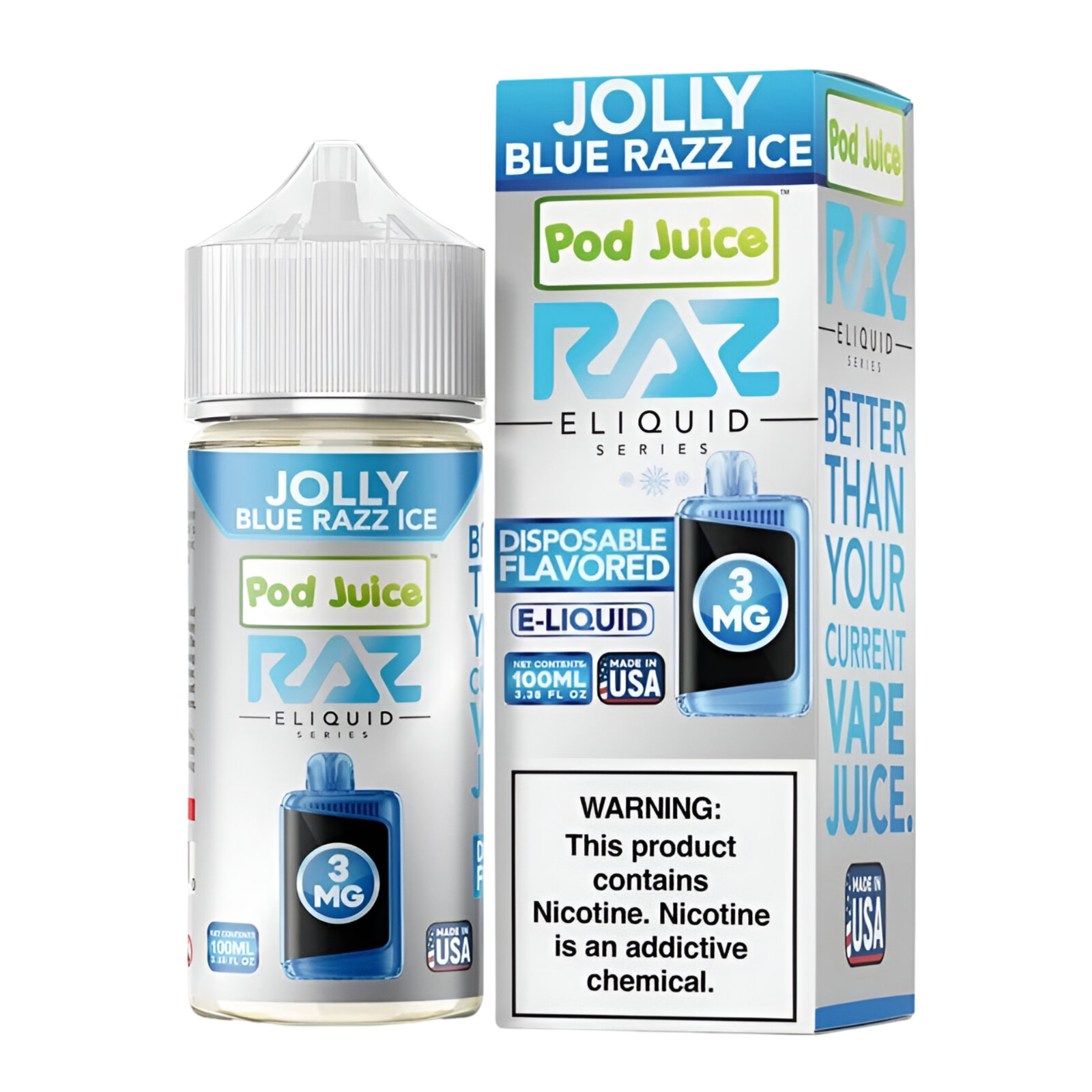 Pod Juice x RAZ Synthetic Vape Juice 0 Mg Jolly Blue Razz Ice 