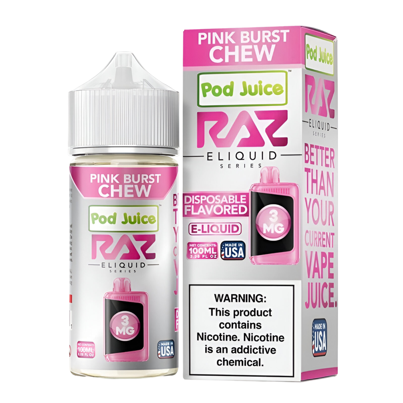 Pod Juice x RAZ Synthetic Vape Juice 0 Mg Pink Burst Chew 