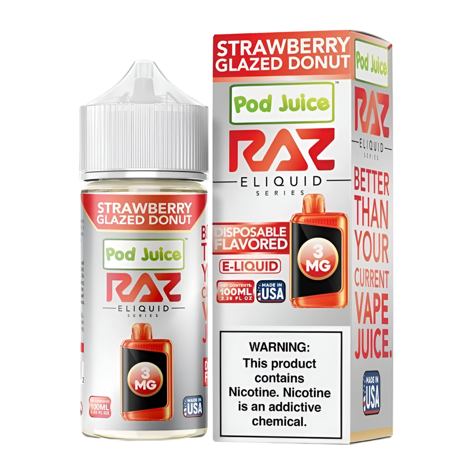 Pod Juice x RAZ Synthetic Vape Juice 0 Mg Strawberry Glazed Donut 