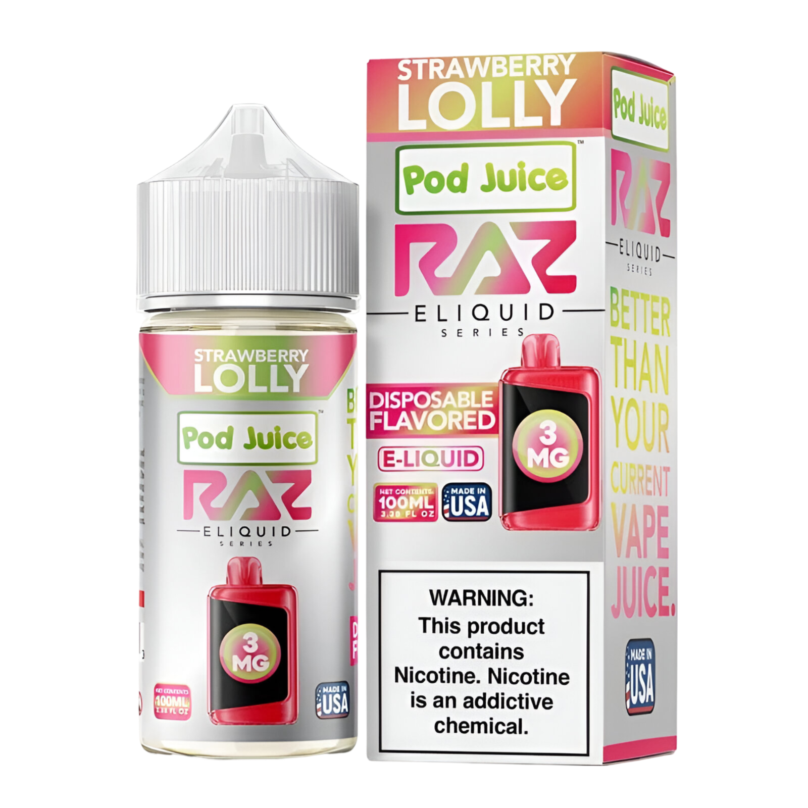 Pod Juice x RAZ Synthetic Vape Juice 0 Mg Strawberry Lolly 