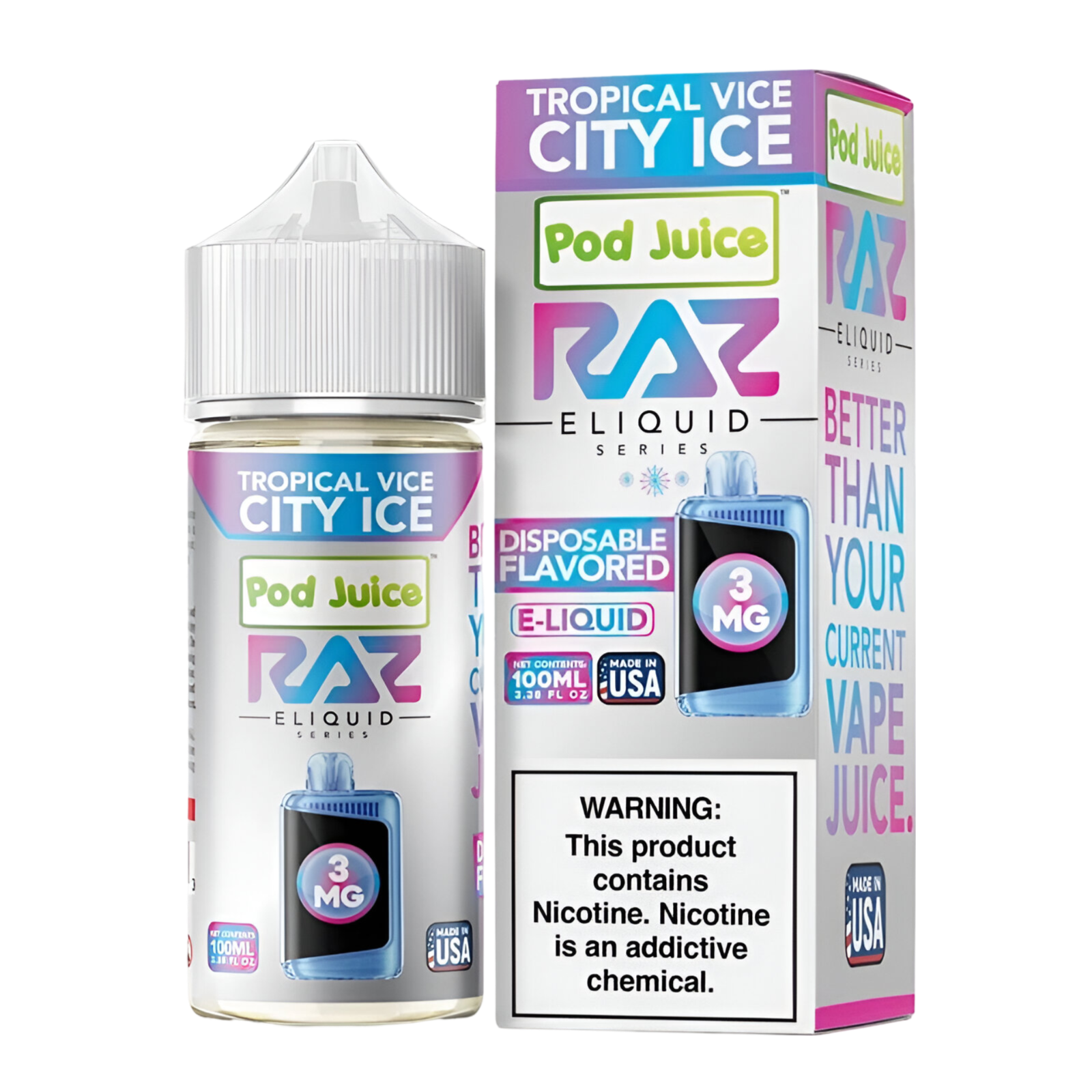 Pod Juice x RAZ Synthetic Vape Juice 0 Mg Tropical Vice City Ice 